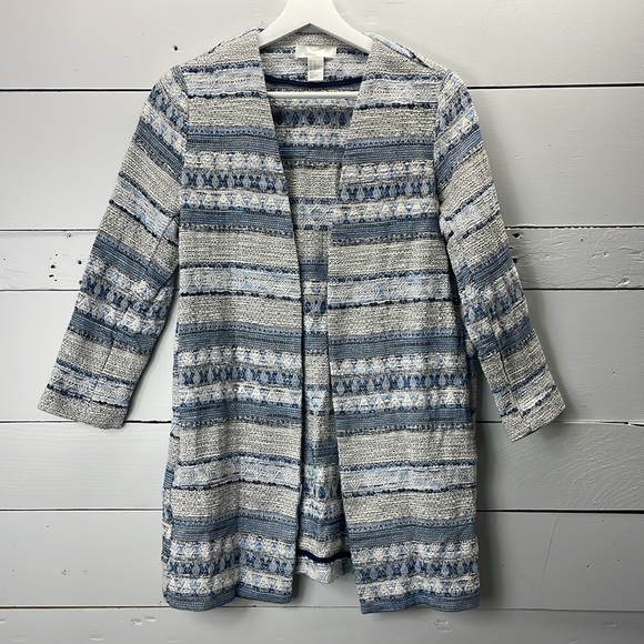 H&M Blue & White Long Line Woven Jacquard Tapestry Printed Jacket Shacket XS - Picture 1 of 6